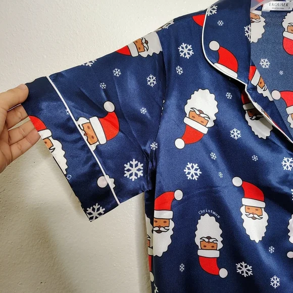 NWOT Ekouaer Navy Blue Santa Claus Print Satin Pajama Set Blouse & Shorts Sz S - Picture 8 of 15